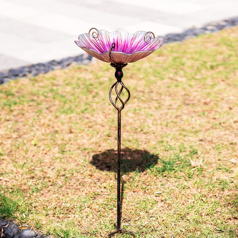 MUMTOP pink glass birdbath stake assembly for easy setup