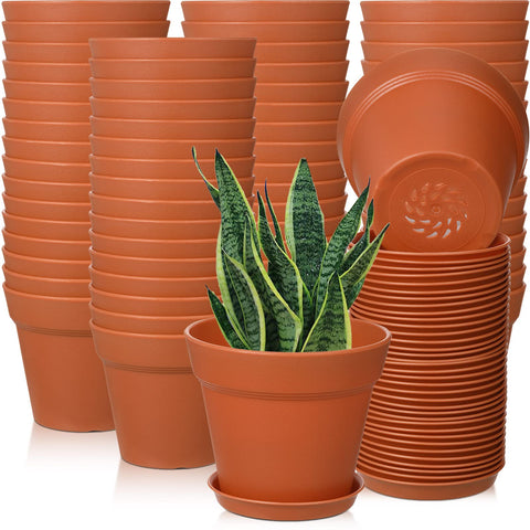 Mumufy 54-pack 4-inch pot with drainage holes and saucers for clean, organized watering.