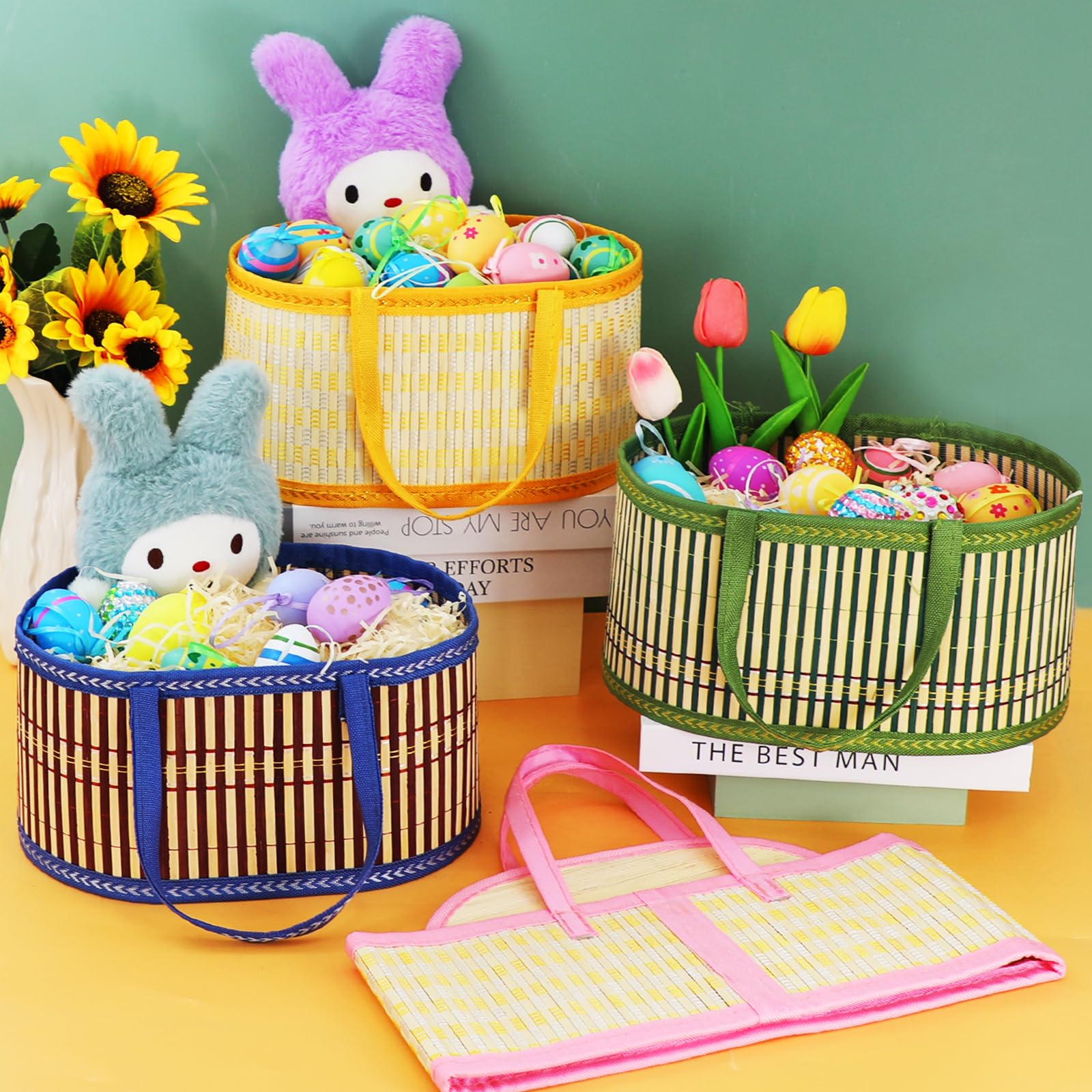 MUOUAKATE green foldable Easter basket perfect for family egg hunts.