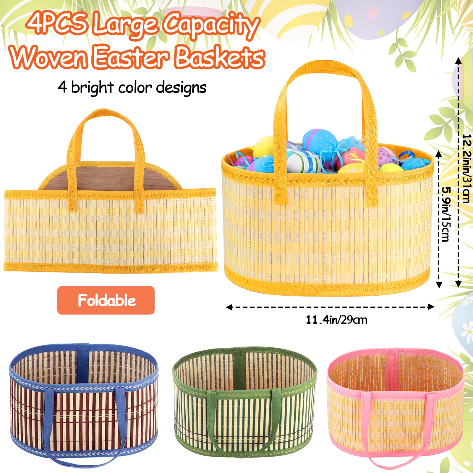 MUOUAKATE yellow foldable Easter basket with handle for cheerful party use.