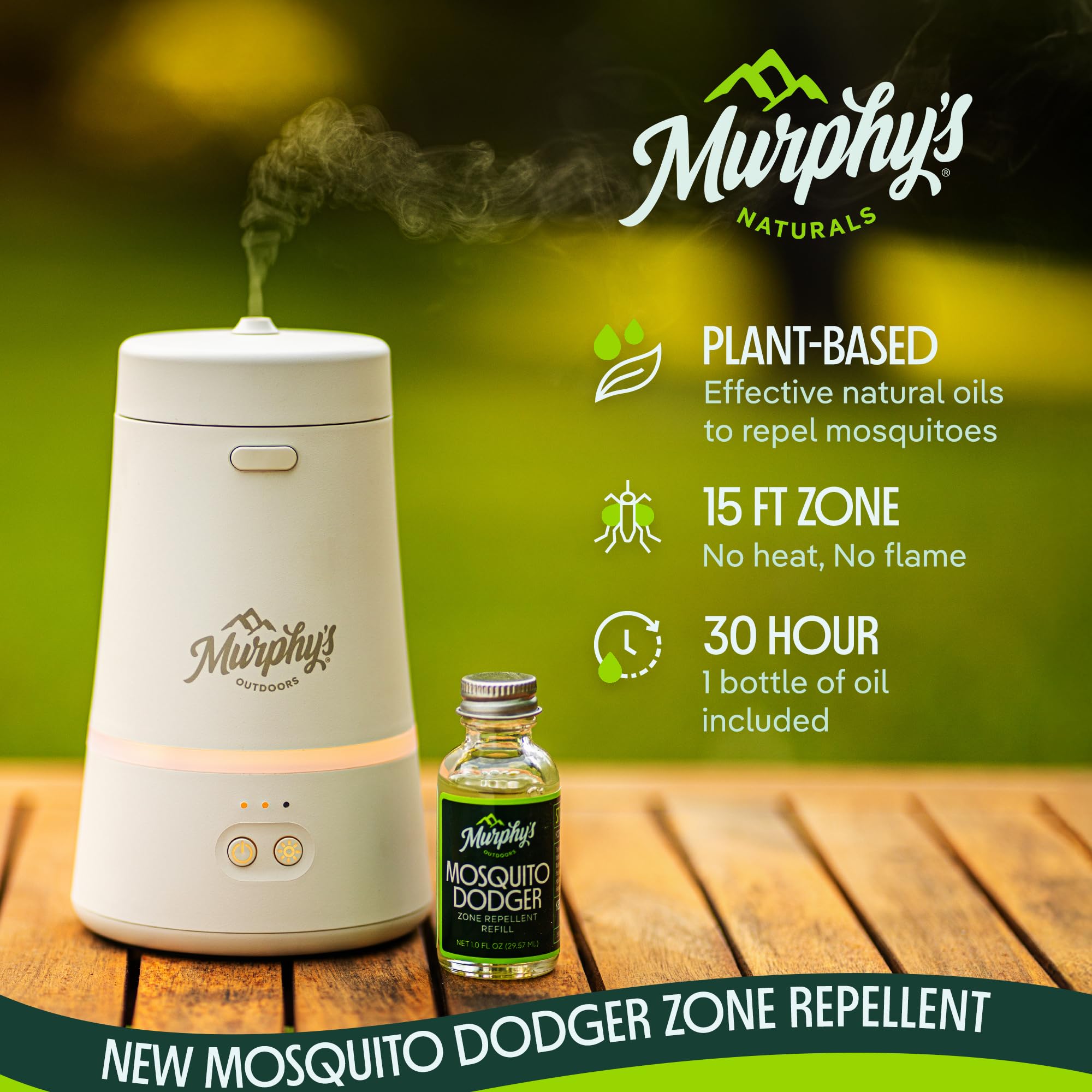 Murphy's Naturals Mosquito Dodger Zone LED light creates ambient patio mood.