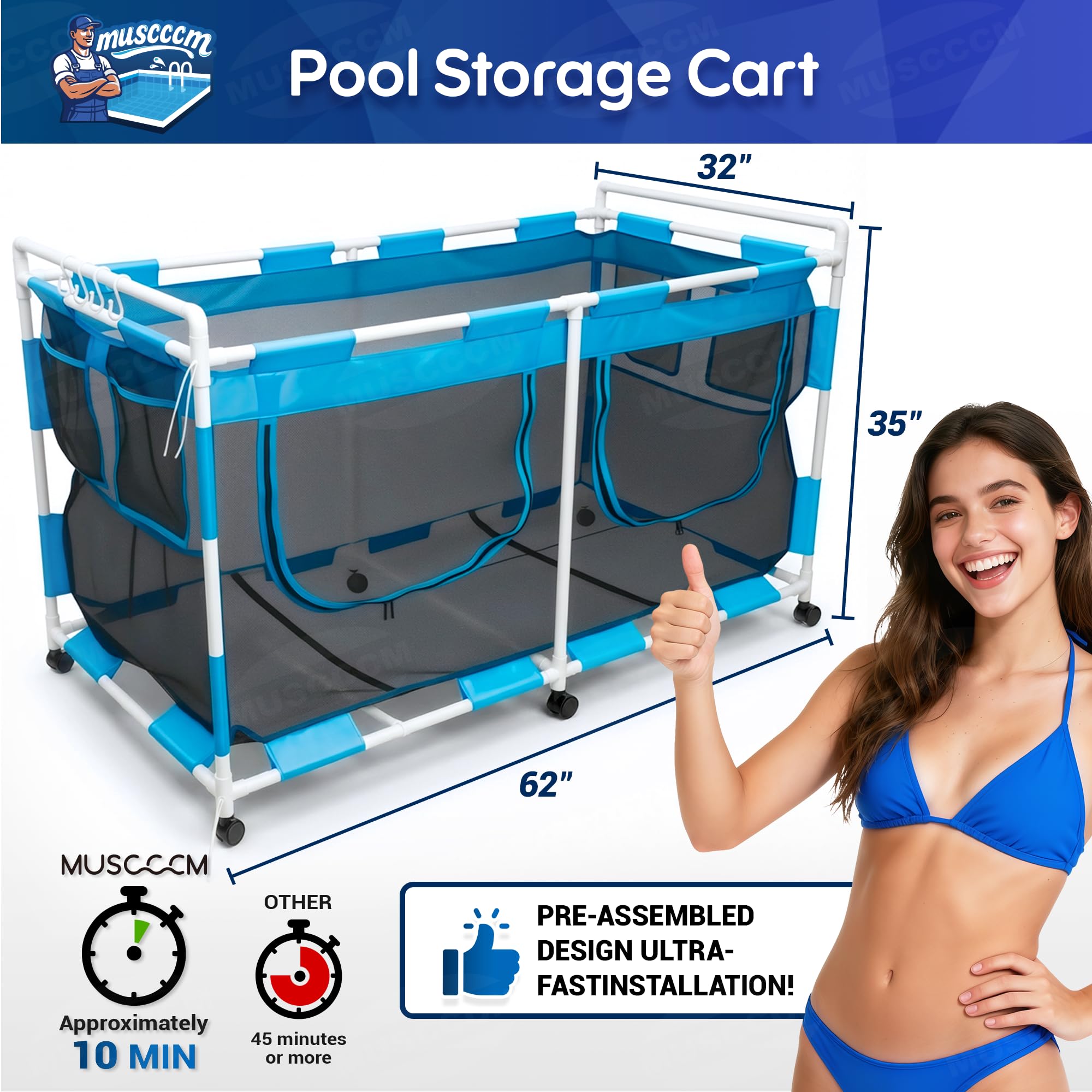 MUSCCCM pool storage bin—tool-free assembly in minutes.