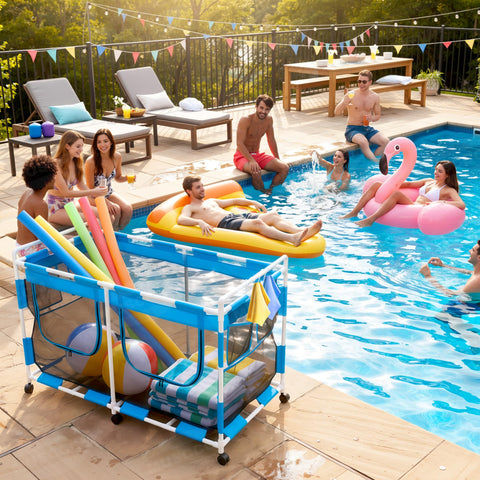 MUSCCCM bin—ideal outdoor poolside storage on lawn or deck.