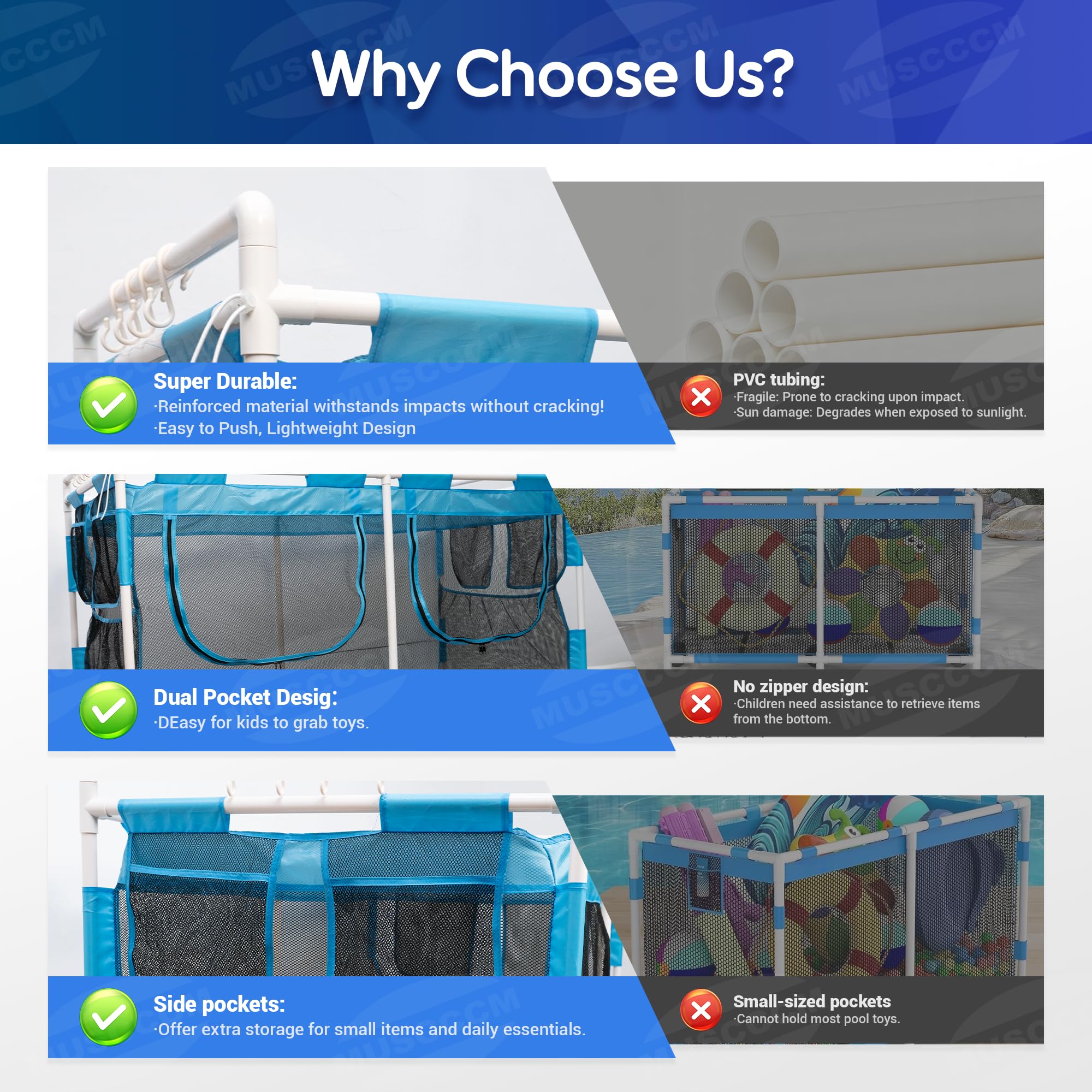 MUSCCCM storage bin—six lockable wheels offer stable poolside movement.