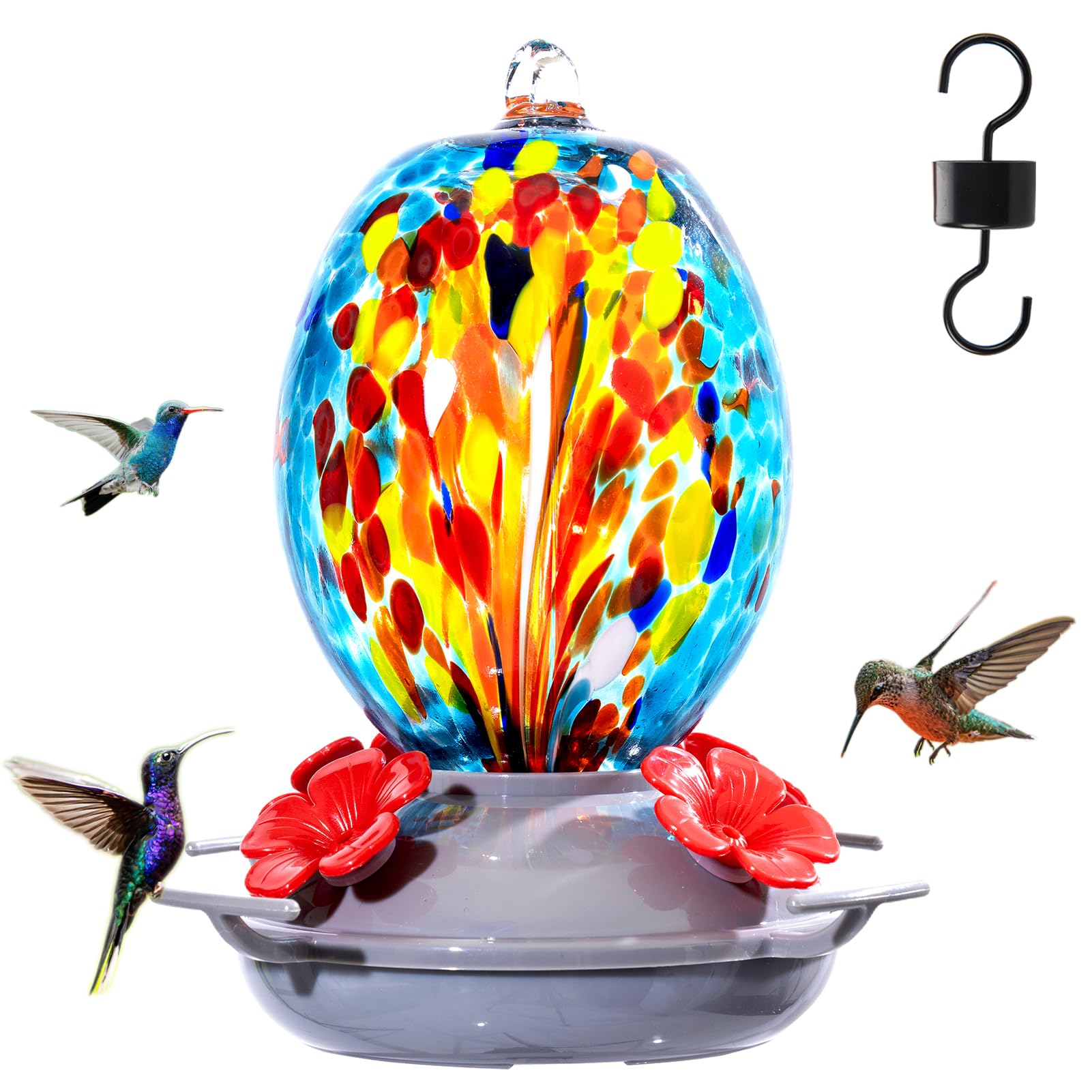 Muse Garden hand blown hummingbird feeder in blue fireworks glass attracts hummingbirds outdoors.