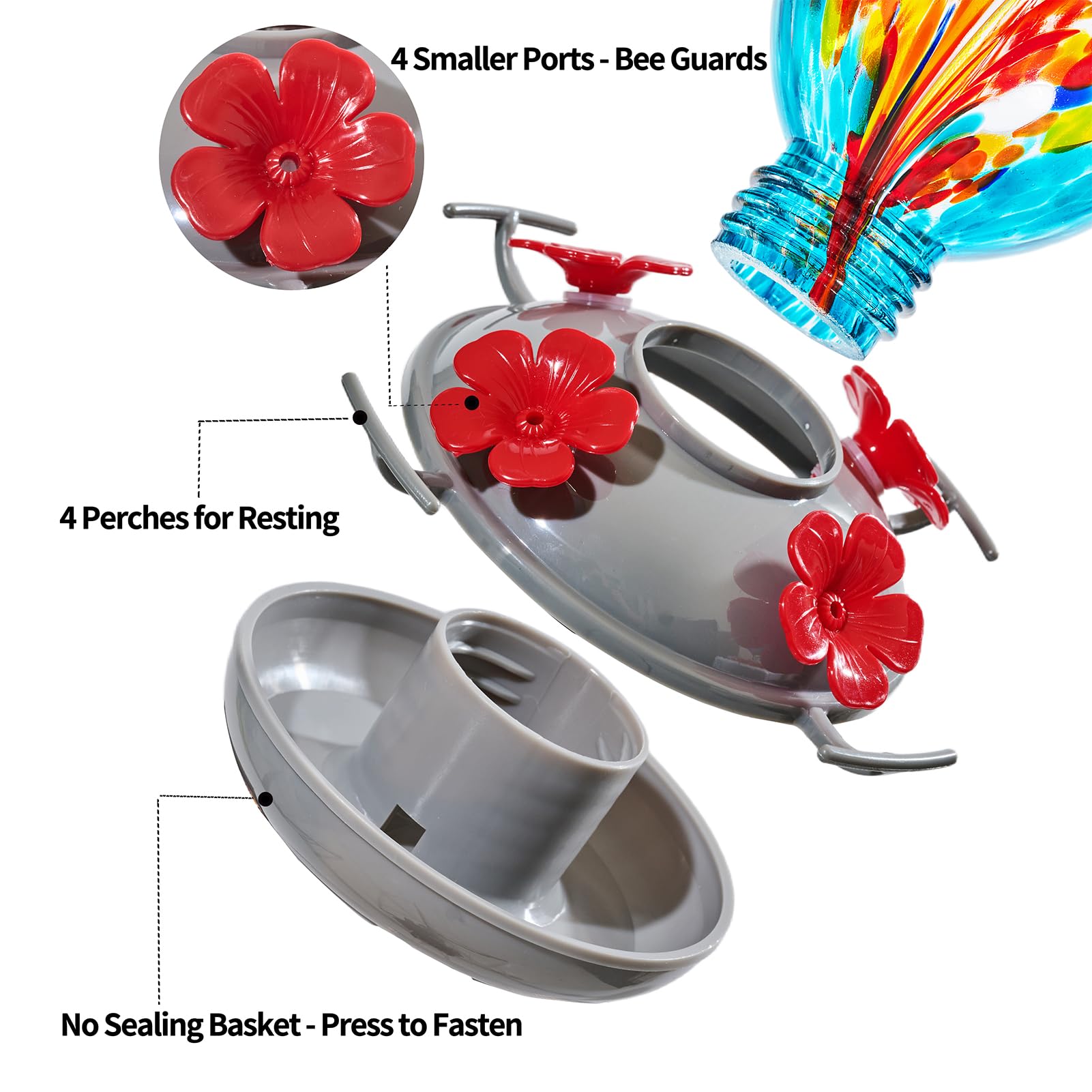 Artisan craftsmanship on a hand blown glass hummingbird feeder by Muse Garden.