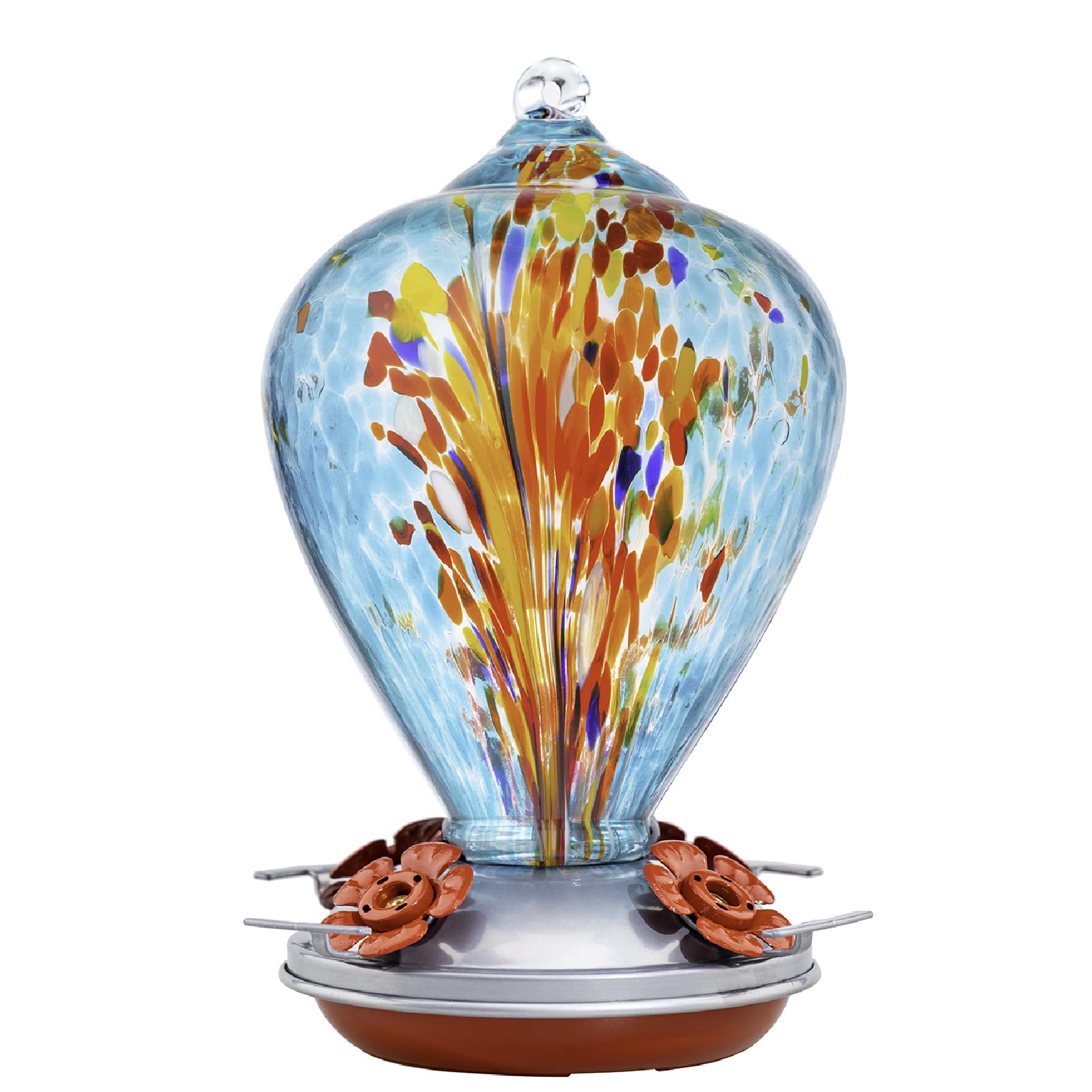 Muse Garden hummingbird feeder outdoors with blue glass attracts hummingbirds to your garden