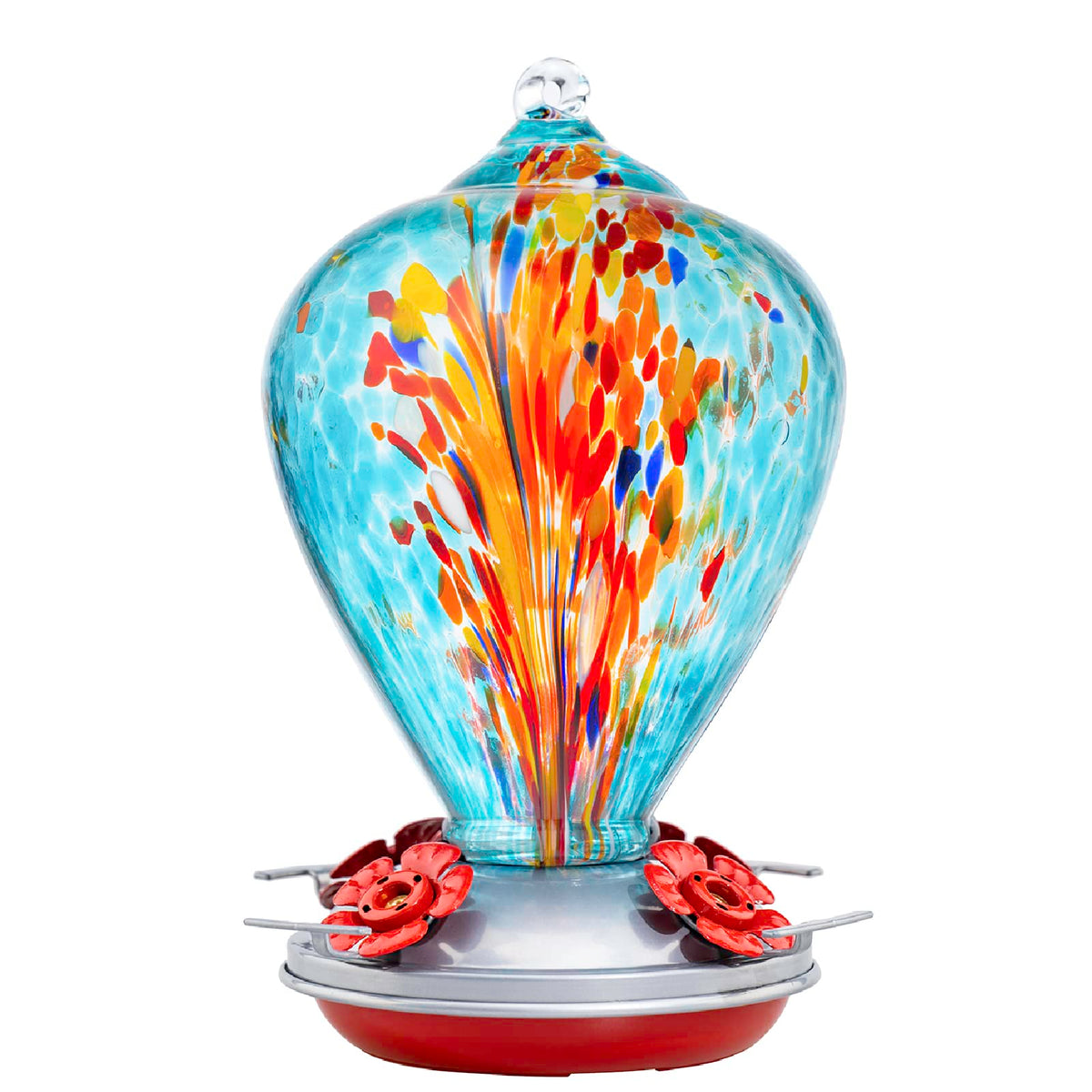 Muse Garden hummingbird feeder outdoors with blue glass attracts hummingbirds to your garden