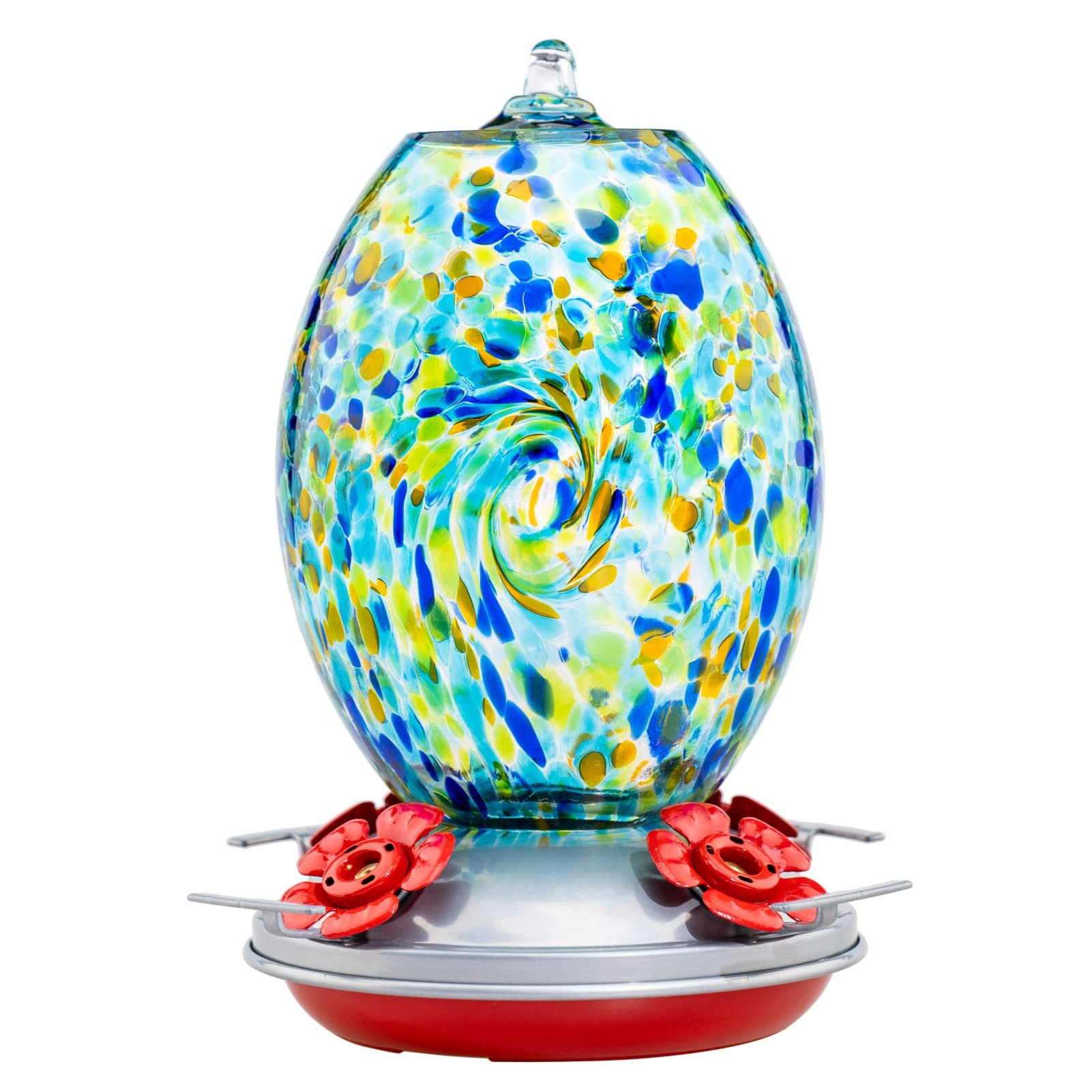 Muse Garden Starry Night 27oz hummingbird feeder glistens in sunlight, inviting hummingbirds to sip nectar.