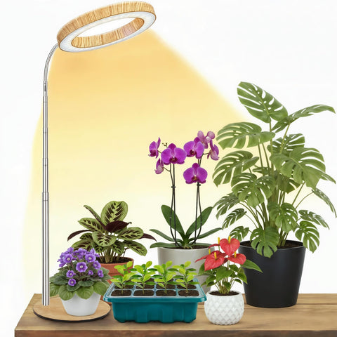 MUSELUCE grow light with faux woodgrain base adds stylish plant lighting for home decor