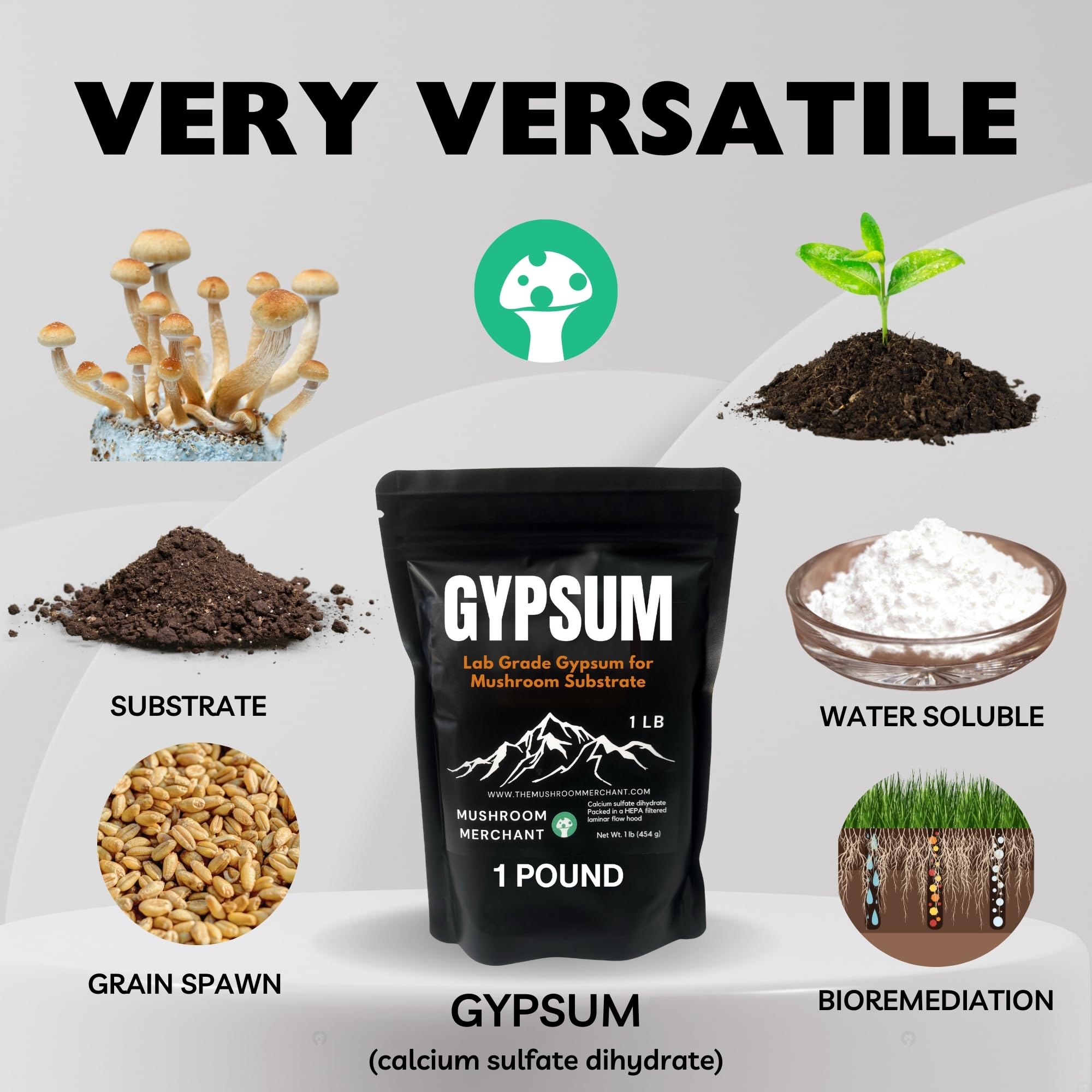 Mushroom Merchant gypsum powder with 97% purity for easy mixing and reliable results.