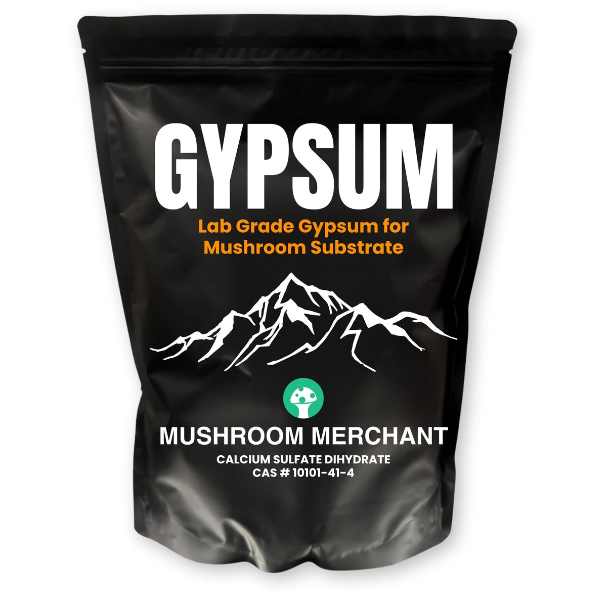 Mushroom Merchant gypsum powder in lab-grade packaging for mushrooms and substrates.