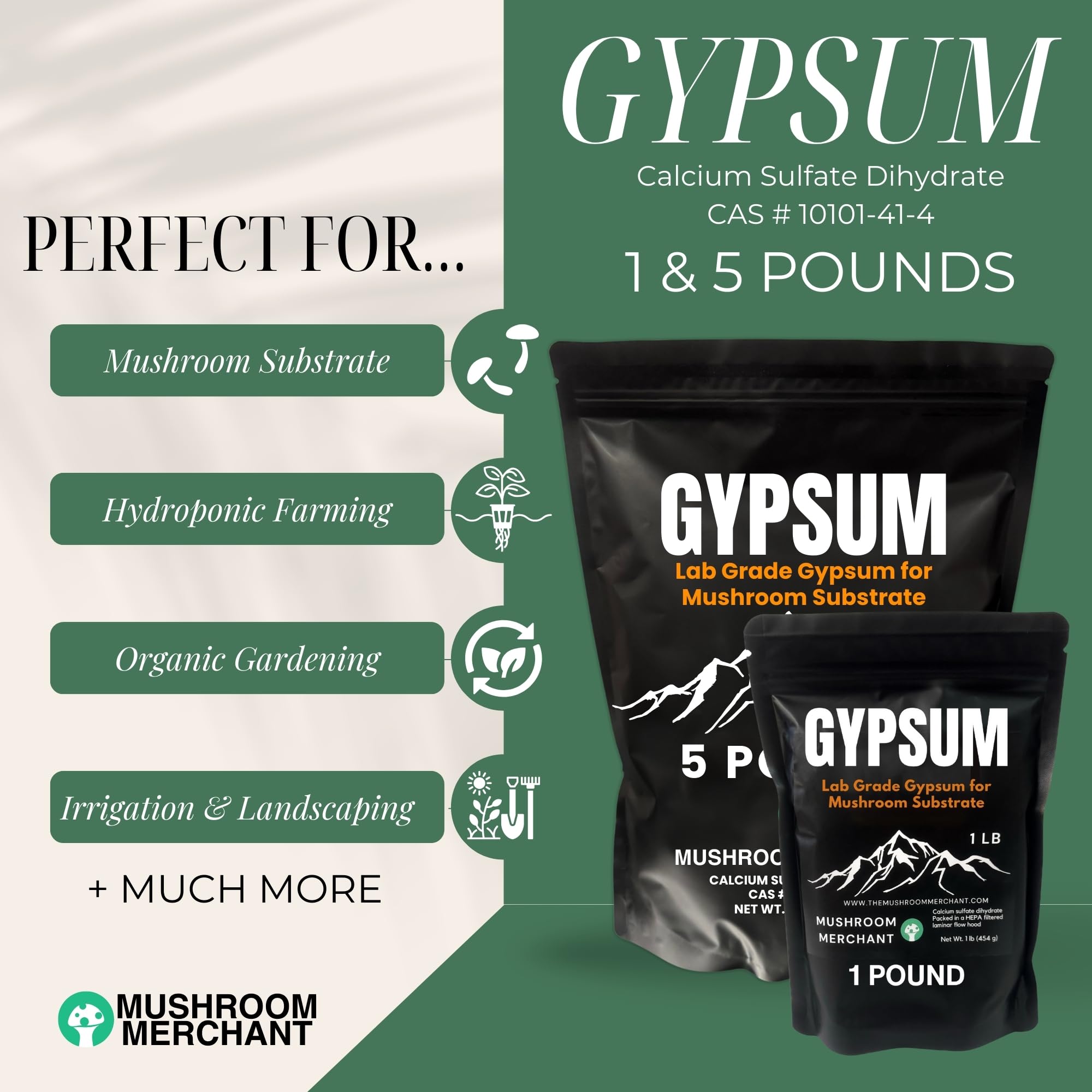 Mushroom Merchant ultra-fine gypsum powder enhances substrate moisture distribution.