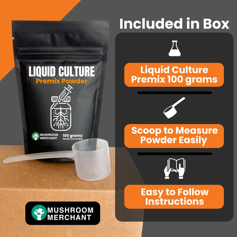 Mushroom Merchant premix dissolves easily in water to form nutrient-rich LC media.