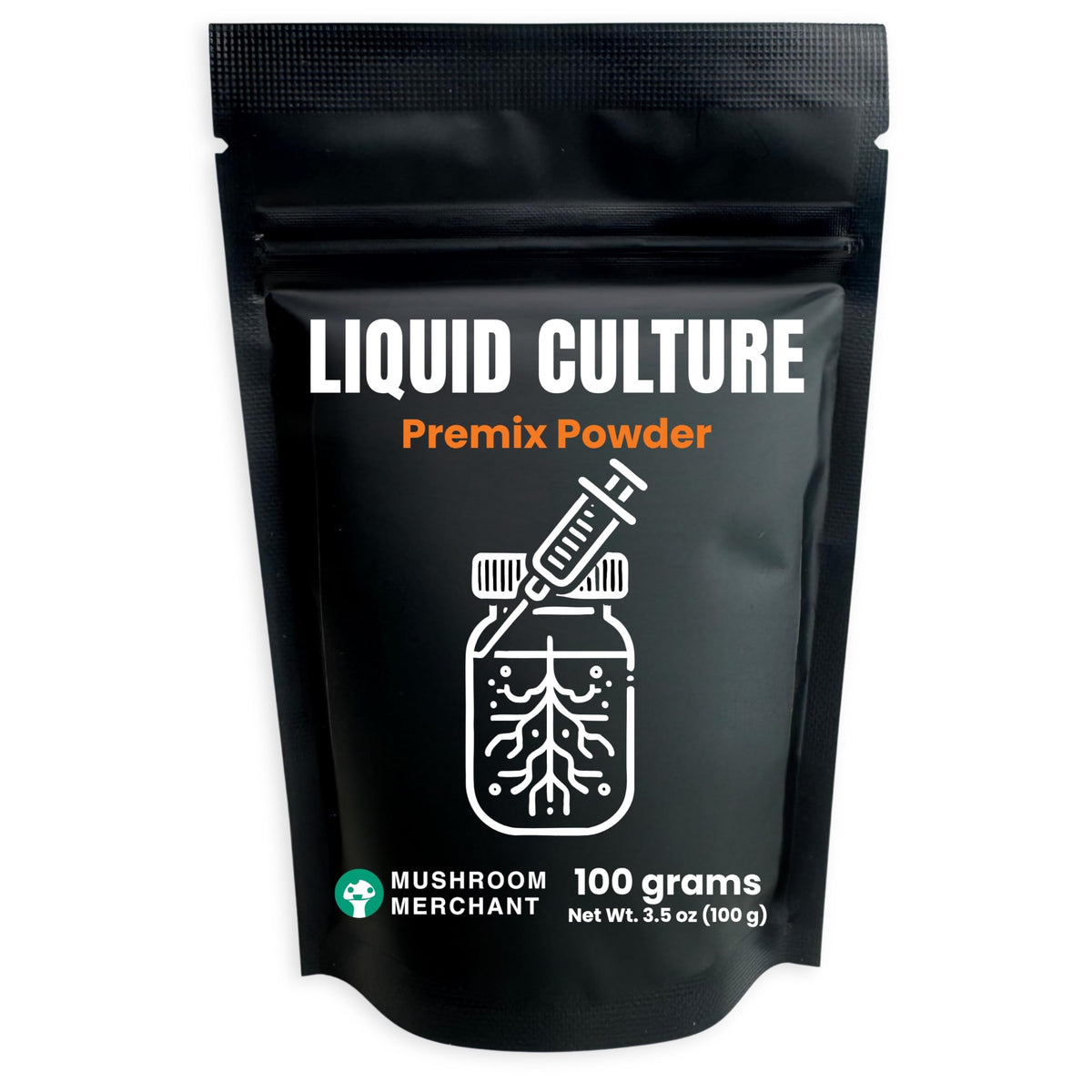 Mushroom Merchant liquid culture premix 100 g pouch for easy, consistent LC media preparation.