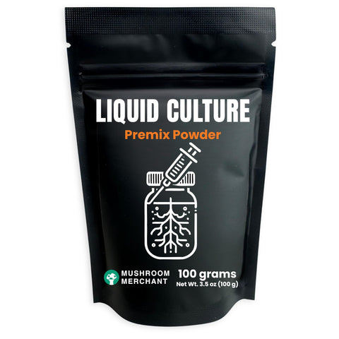 Mushroom Merchant liquid culture premix 100 g pouch for easy, consistent LC media preparation.