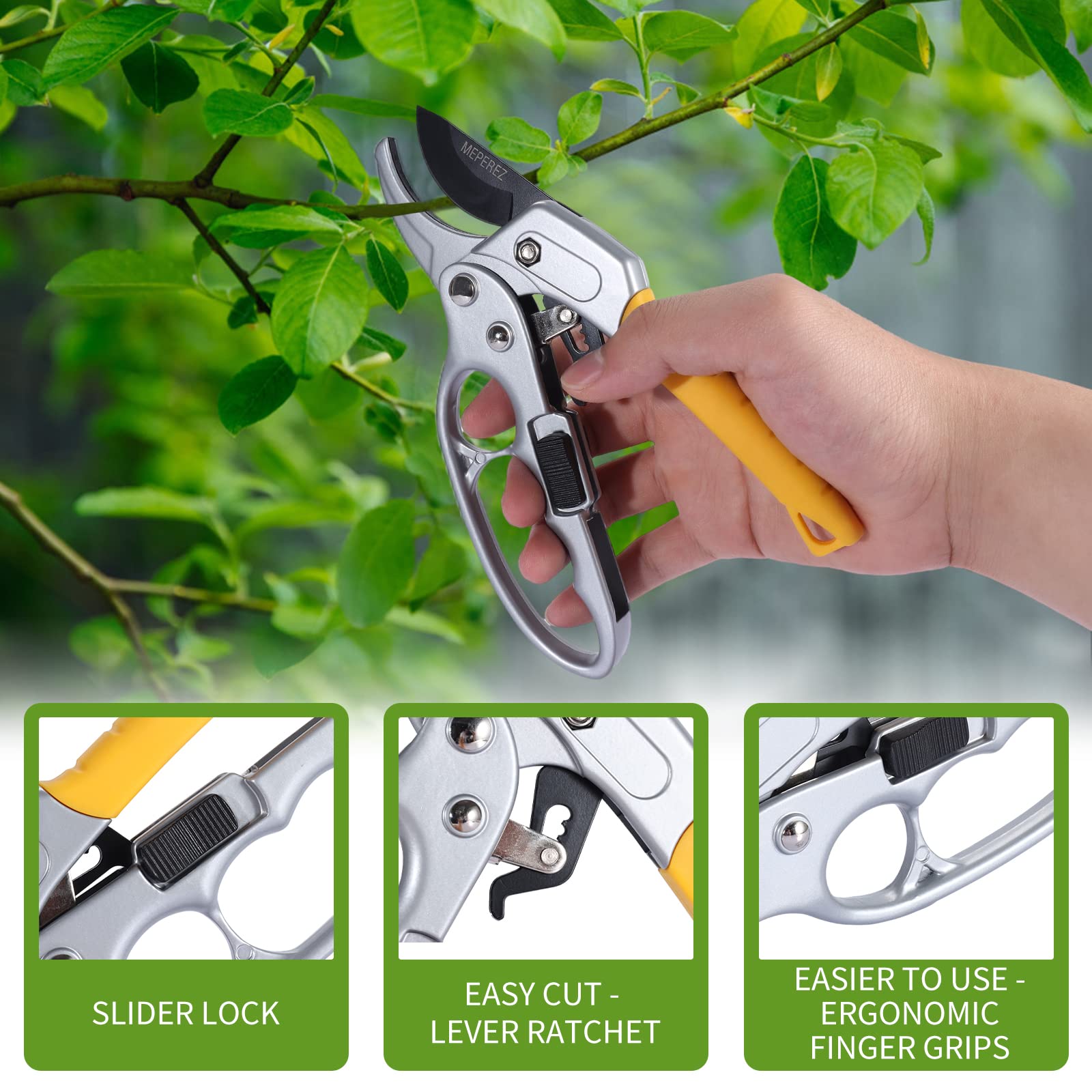MUSTKING MEPEREZ ratchet mechanism reduces effort on tough branches during pruning.