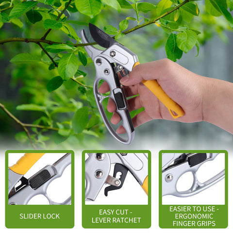 MUSTKING MEPEREZ ratchet mechanism reduces effort on tough branches during pruning.
