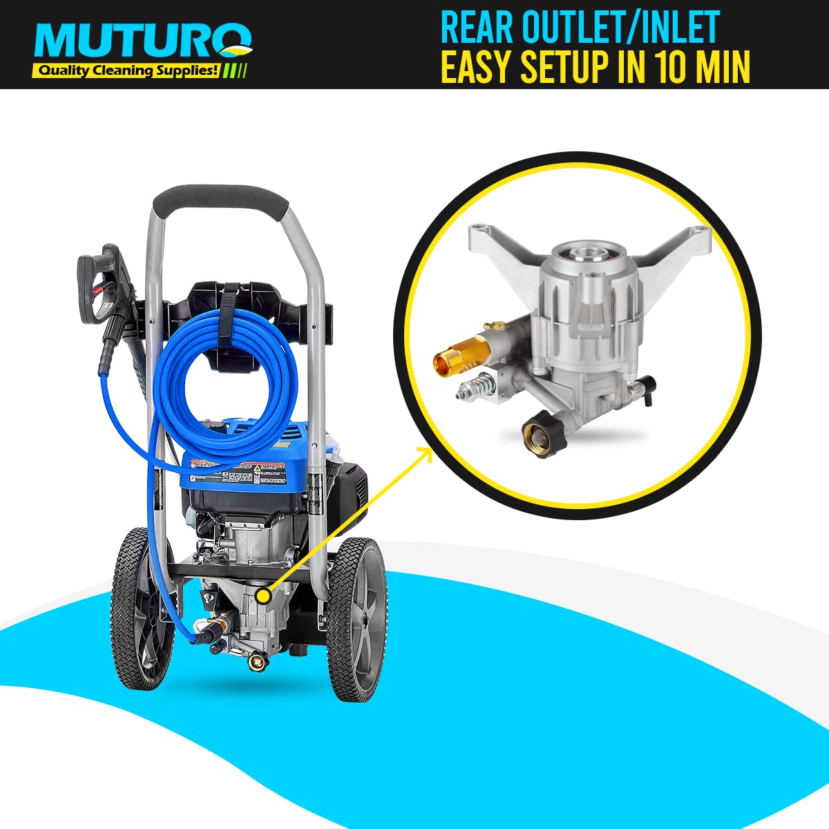 MUTURQ installation kit includes bolts, filter hose, and shaft key for quick install.
