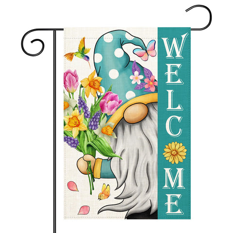 Muwodut Welcome Spring Gnomes Flag, double-sided display for outdoor charm.
