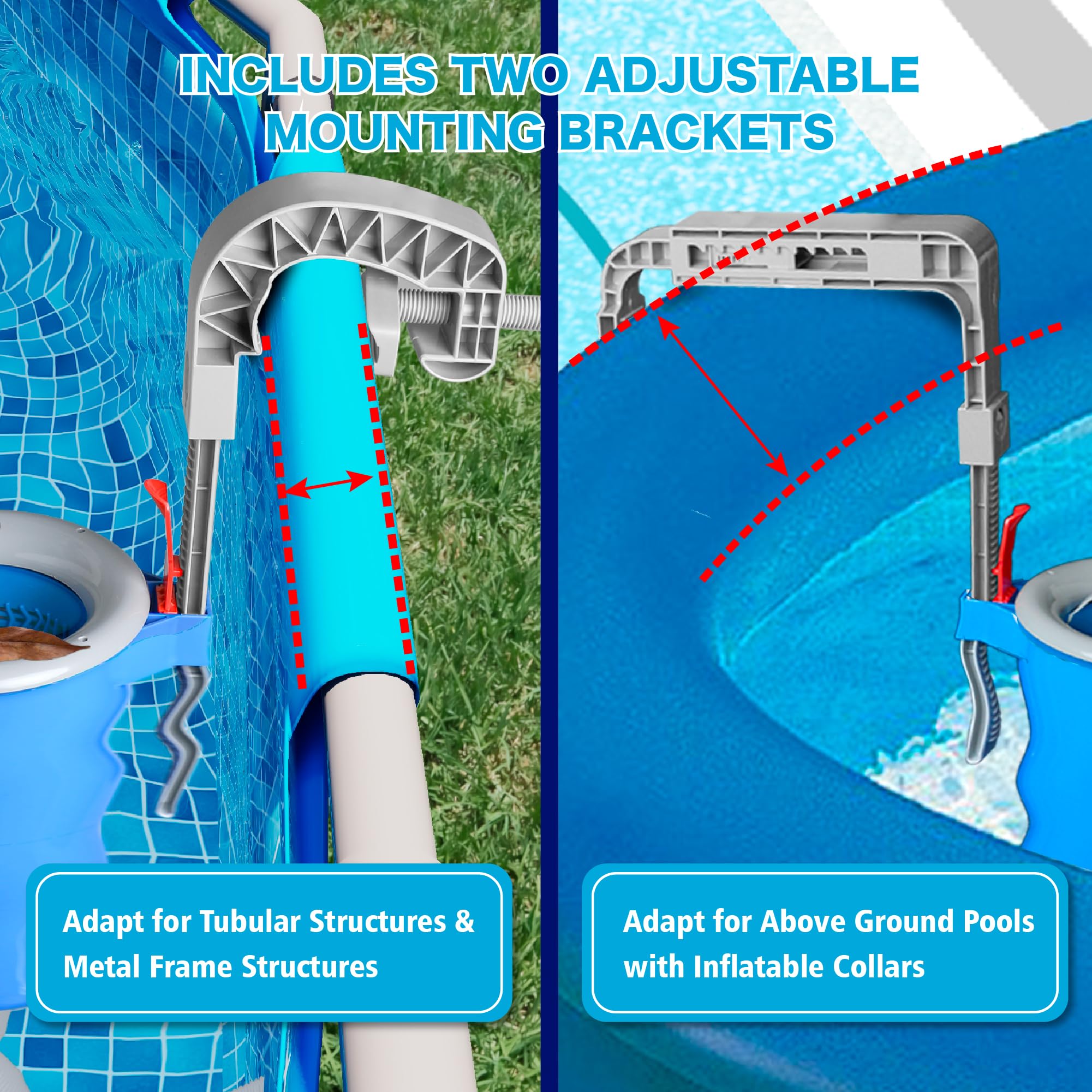 MUWOOB adjustable bracket fits inflatable collars, tubular frames, and metal pools.