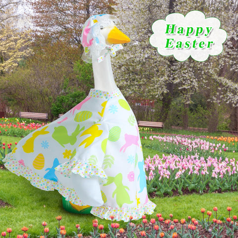 Muximud Easter goose outfit enhances garden party decor.