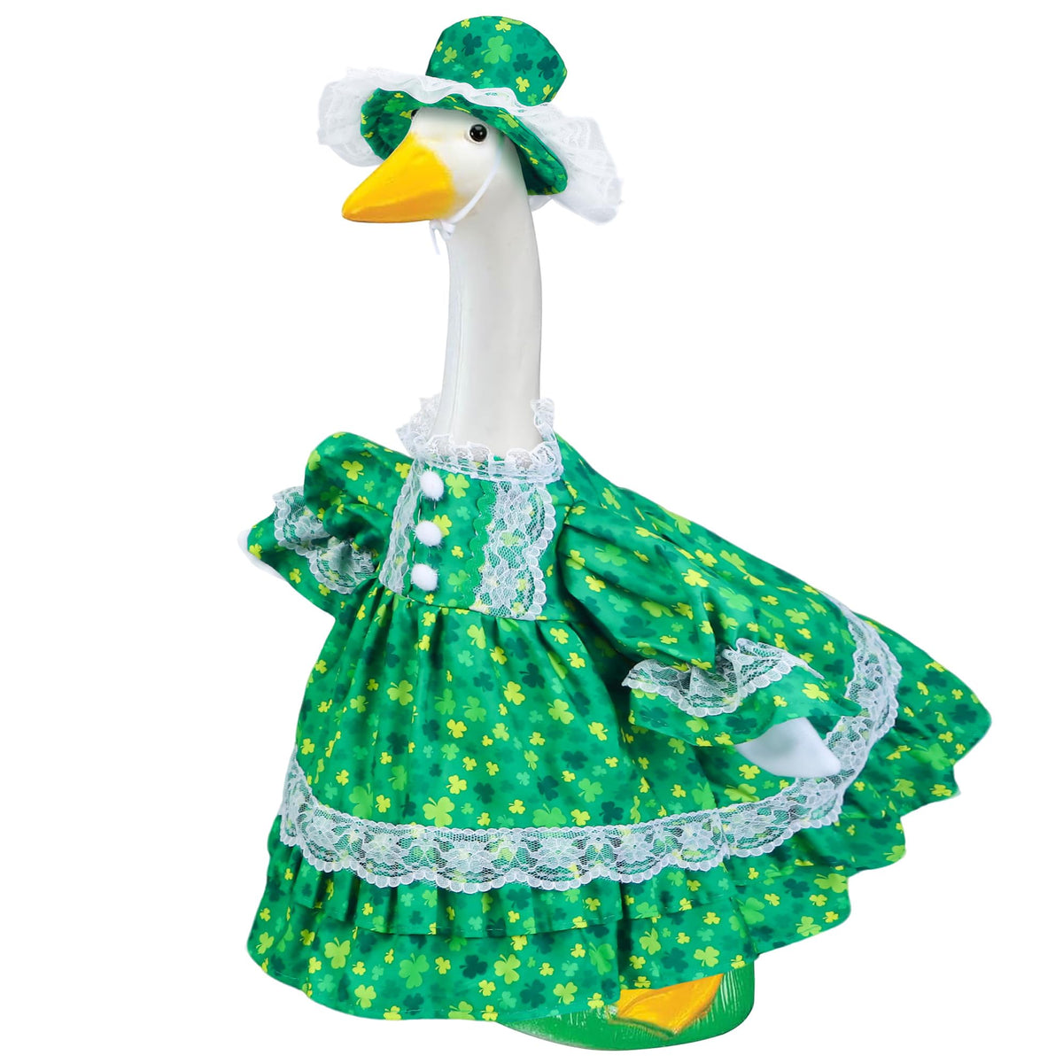 Muximud St Patrick's Goose Outfit on a 23-inch goose with dress and hat for festive outdoor decor