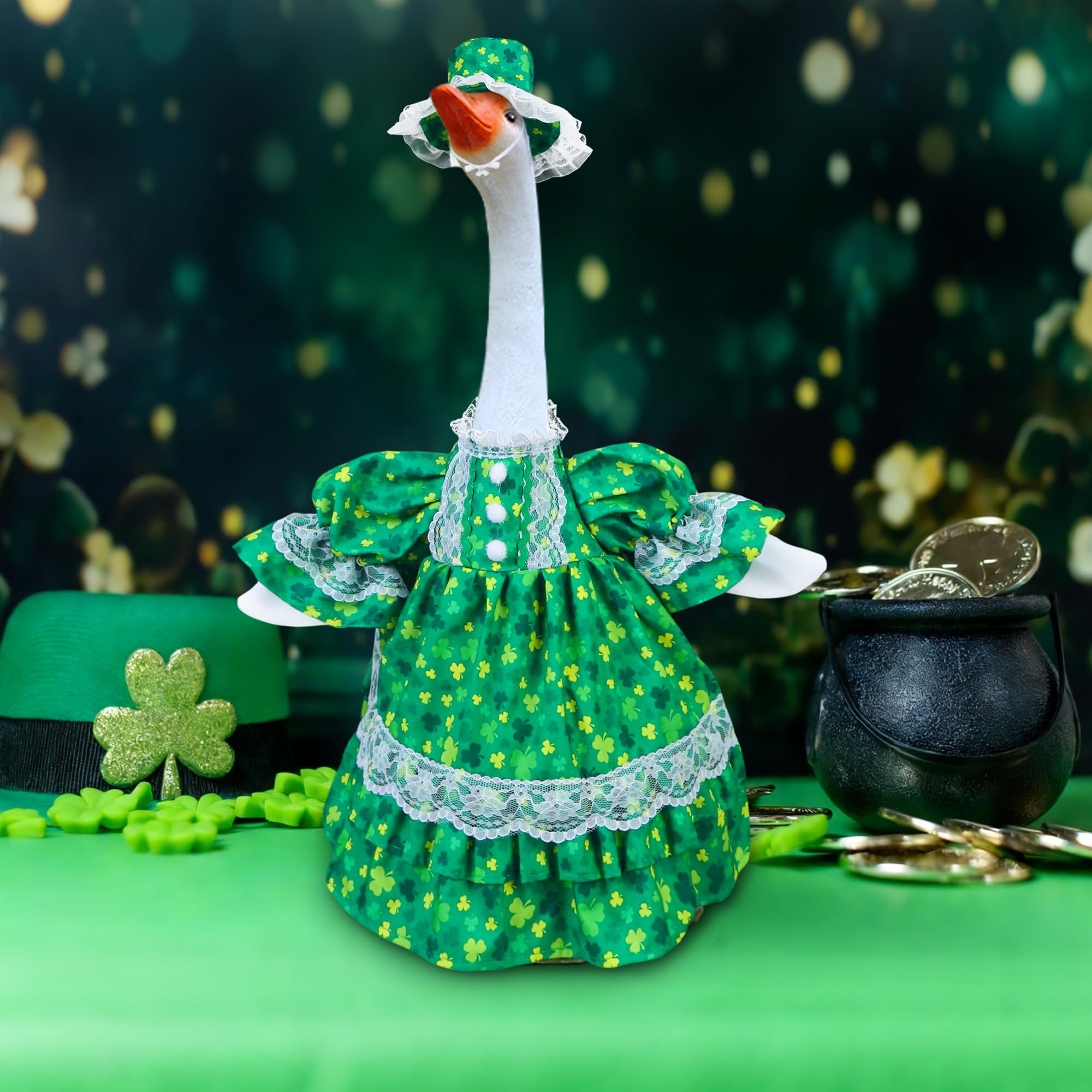 Muximud St Patrick's Goose Outfit in vibrant colors adds a joyful focal point outdoors