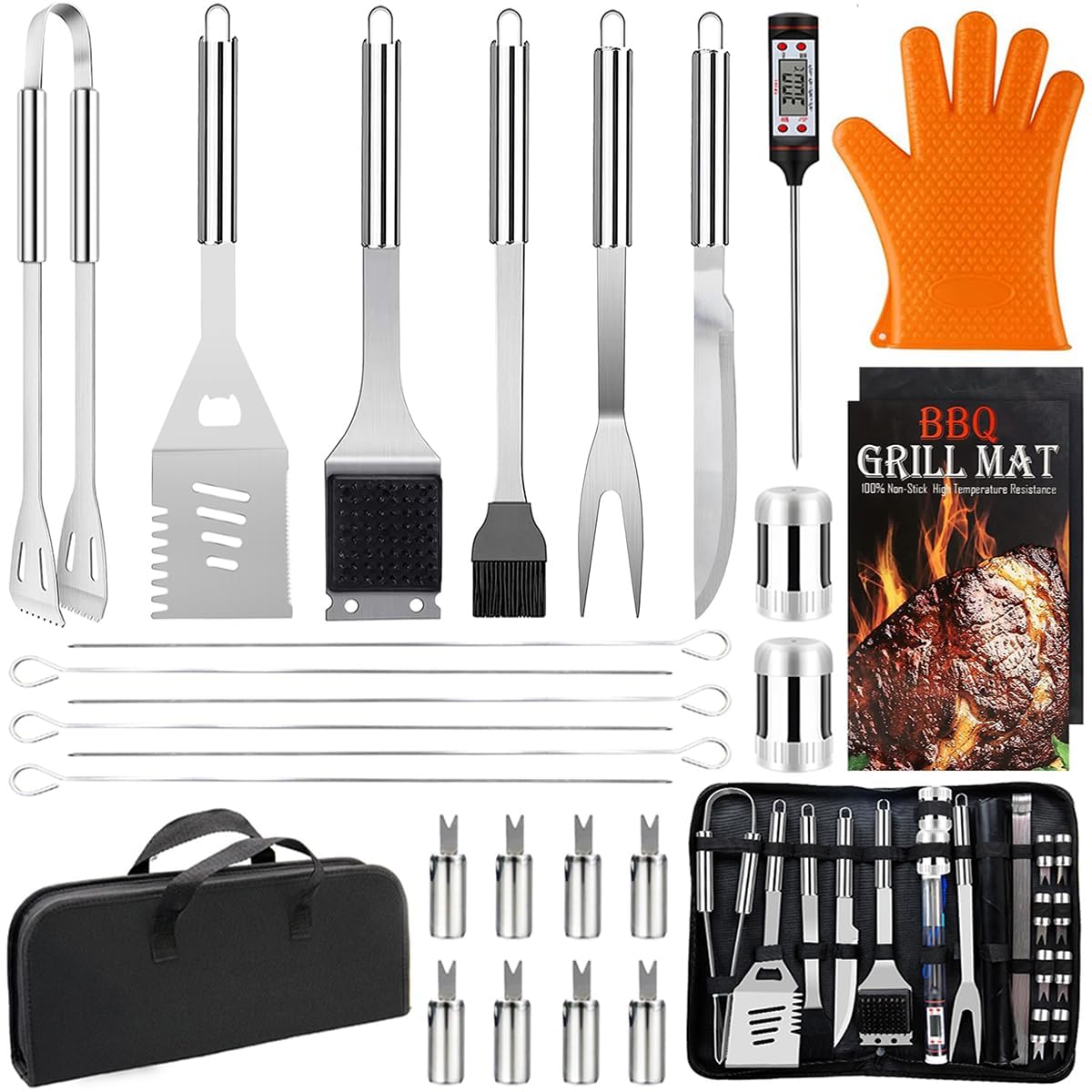 MUYFIO 28-piece BBQ set overview shows complete stainless steel toolkit for outdoor grilling.