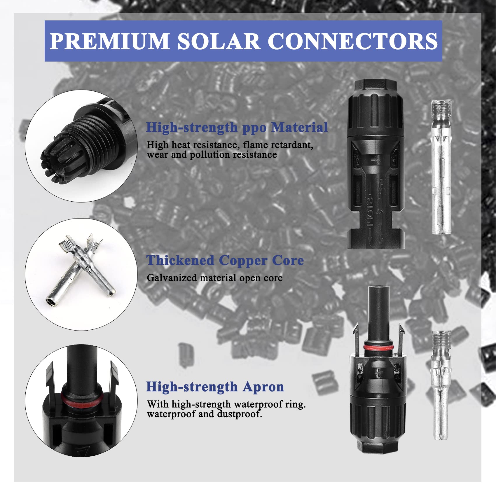 MUYI male and female connectors shown for quick solar installations.