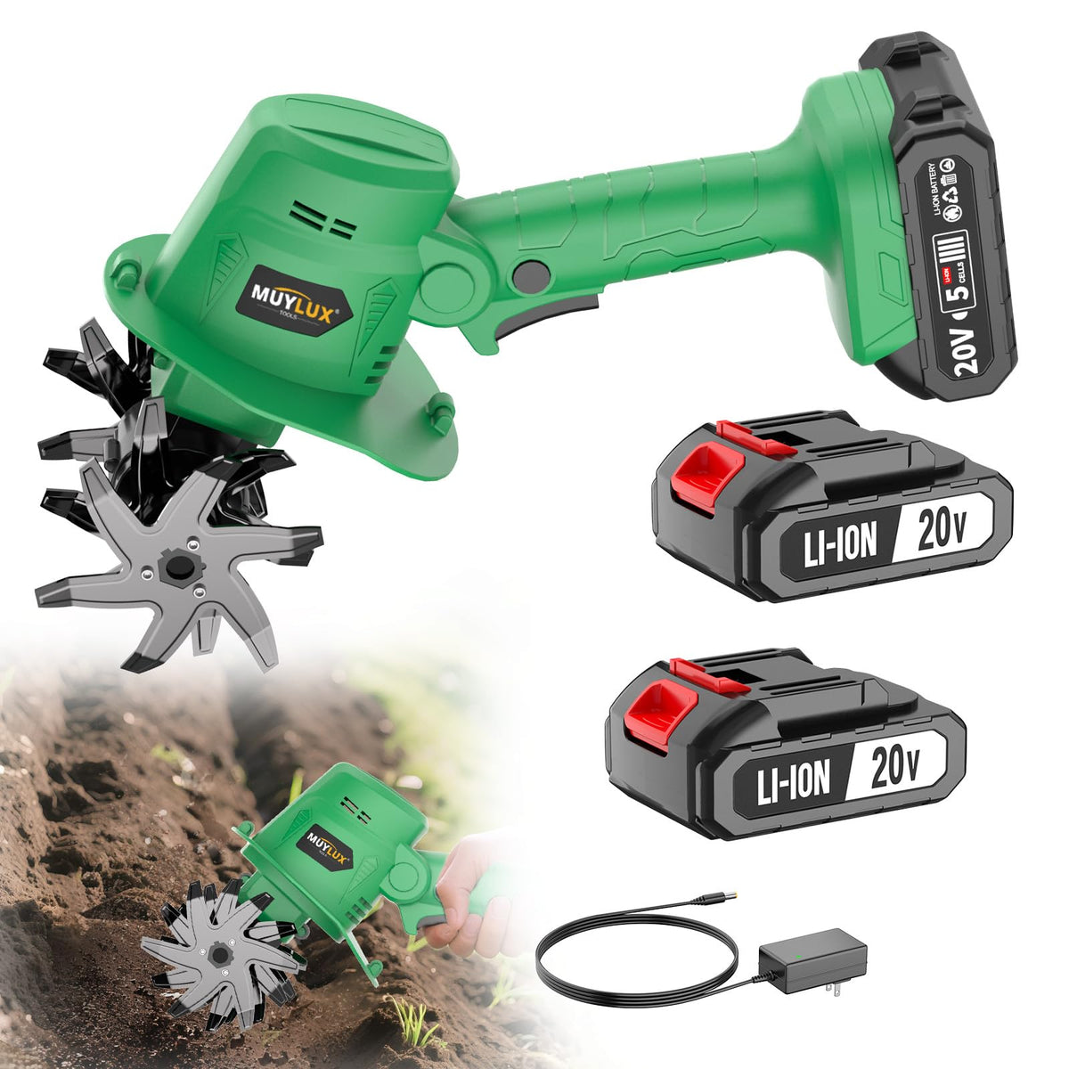 Muylux 20V cordless tiller with battery pack powering quick soil preparation.
