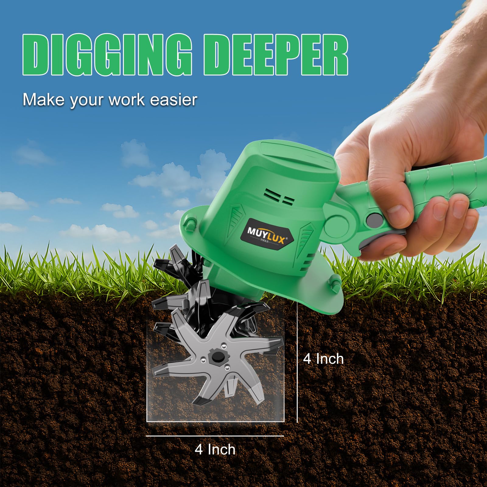 Muylux cordless tiller with ergonomic grip enables comfortable extended gardening sessions.