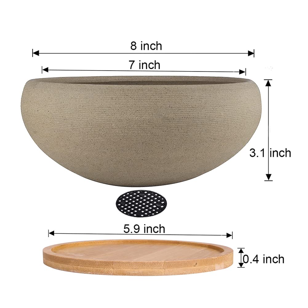 MUZHI round unglazed bonsai pot with bamboo tray closeup of setup.