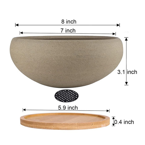 MUZHI round unglazed bonsai pot with bamboo tray closeup of setup.