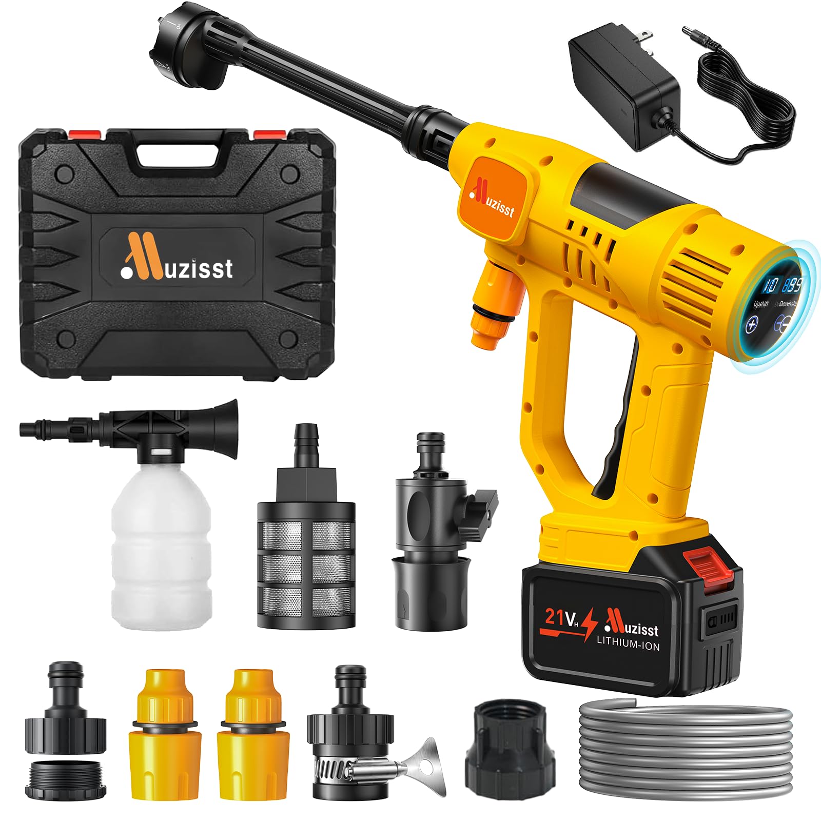 Muzisst cordless pressure washer 900psi powering outdoor cleaning tasks.