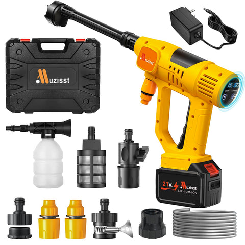 Muzisst cordless pressure washer 900psi powering outdoor cleaning tasks.