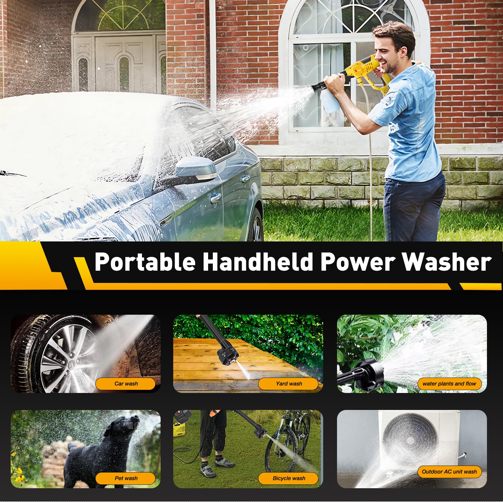 Muzisst portable setup ready for car, patio, and garden cleaning.