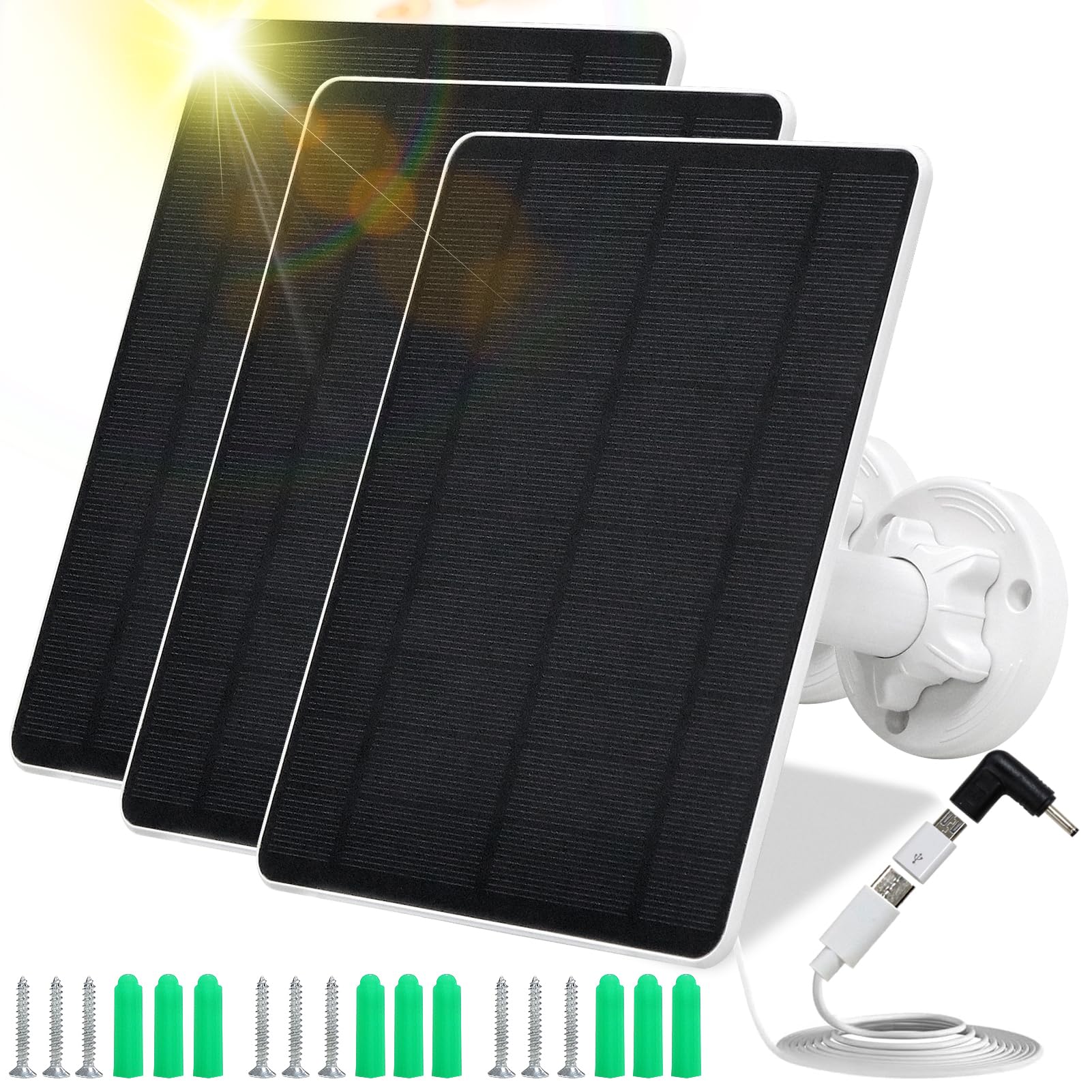 MUZUZZI solar panel 5W with USB-C, DC, and Micro USB ports for flexible camera power