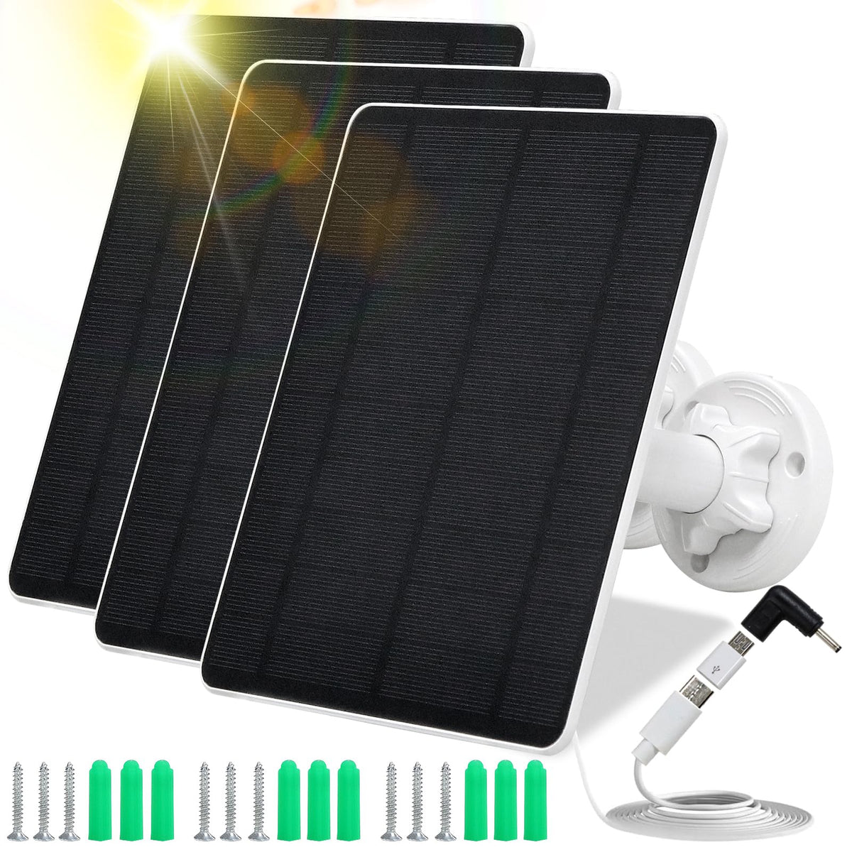 MUZUZZI solar panel 5W with USB-C, DC, and Micro USB ports for flexible camera power