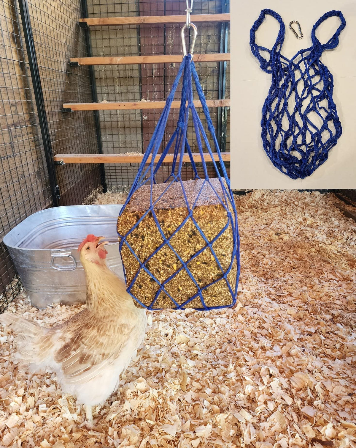 Muzzys blue chicken coop treat bag with carabiner for easy hanging and refilling