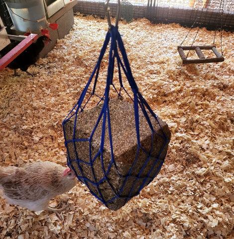Muzzys blue chicken coop treat bag made from sturdy nylon material
