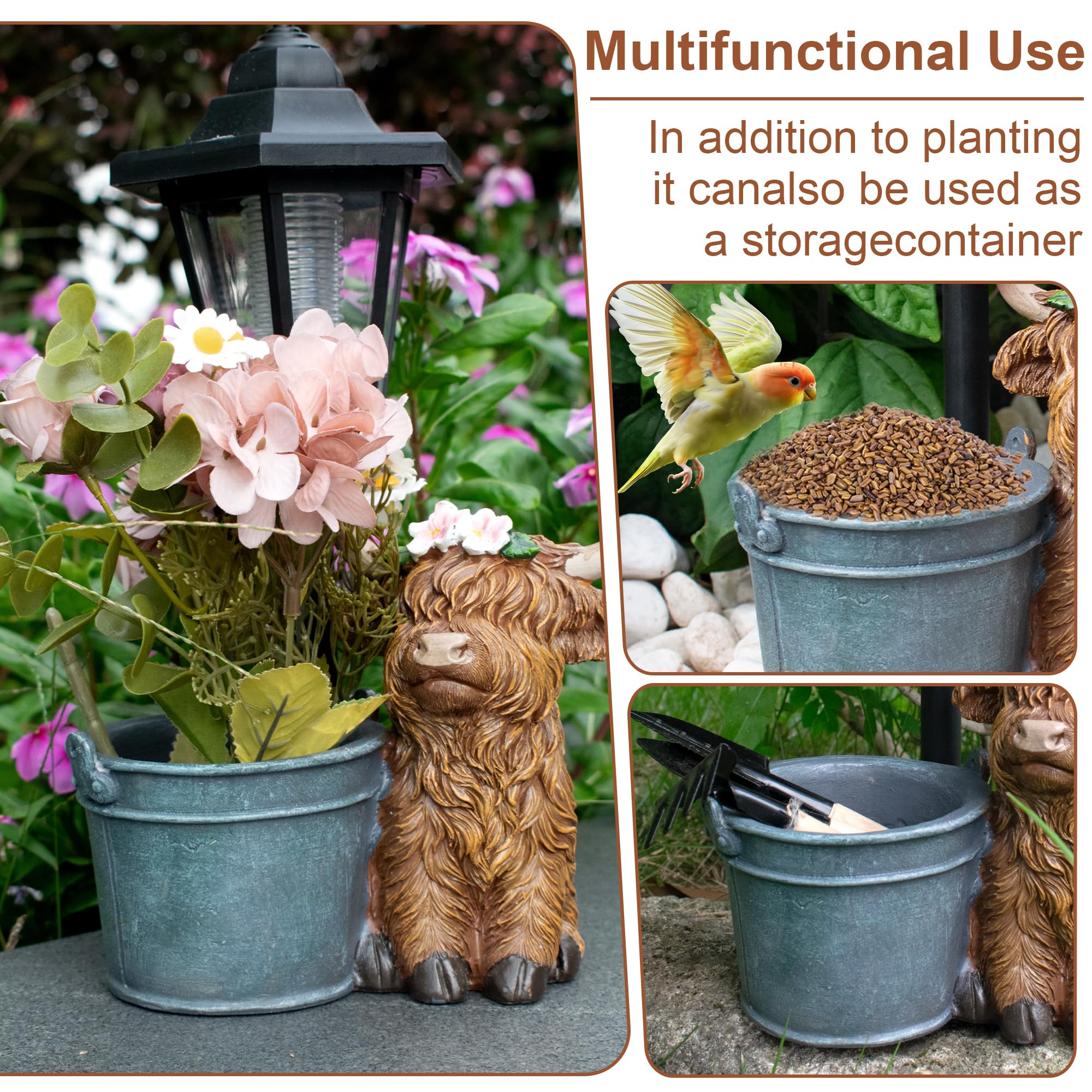Muzzysse Highland Cow planter 2-in-1 lets you grow flowers or store garden tools.