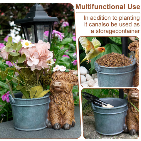 Muzzysse Highland Cow planter 2-in-1 lets you grow flowers or store garden tools.