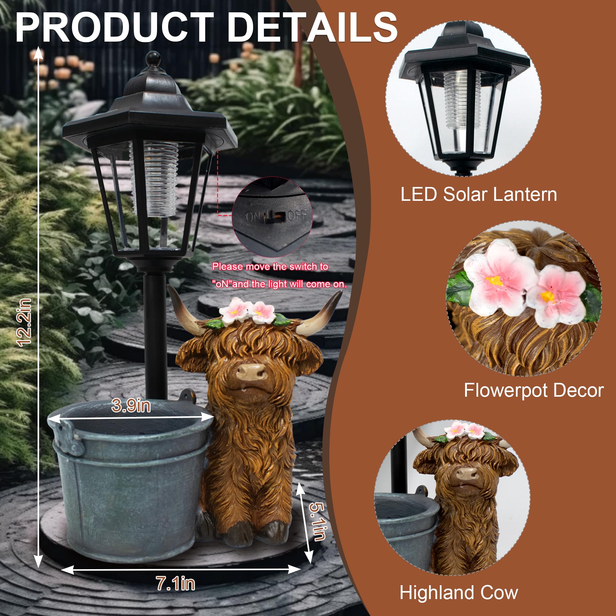 Muzzysse Highland Cow outdoor solar light adds nighttime charm to patios and yards.