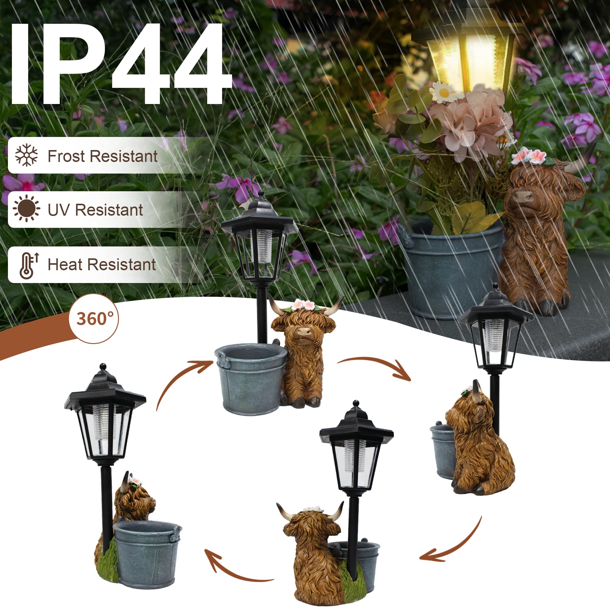 Muzzysse Highland Cow statue withstands weather and sun with durable resin.