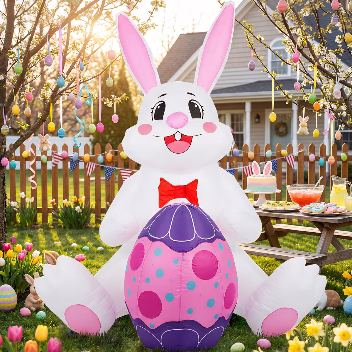 MVP BOY 6FT Easter bunny inflatable with LED lights for illuminated yard display.