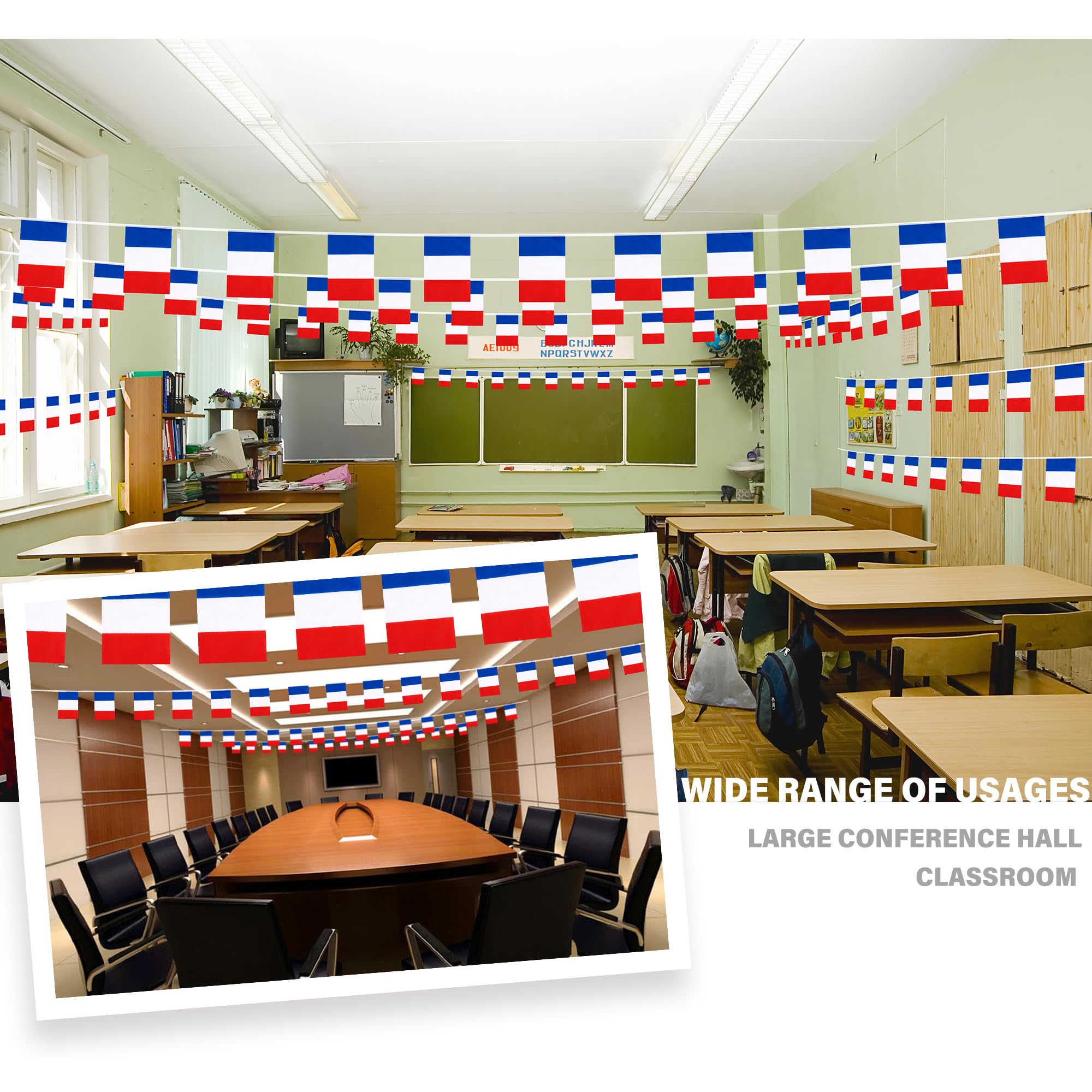 MVPRING France flag pennant banner closeup stitching, showcasing durable craftsmanship for festive events.