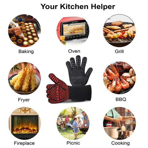 MVZAWINO BBQ gloves in use, gripping a hot tray with confidence.