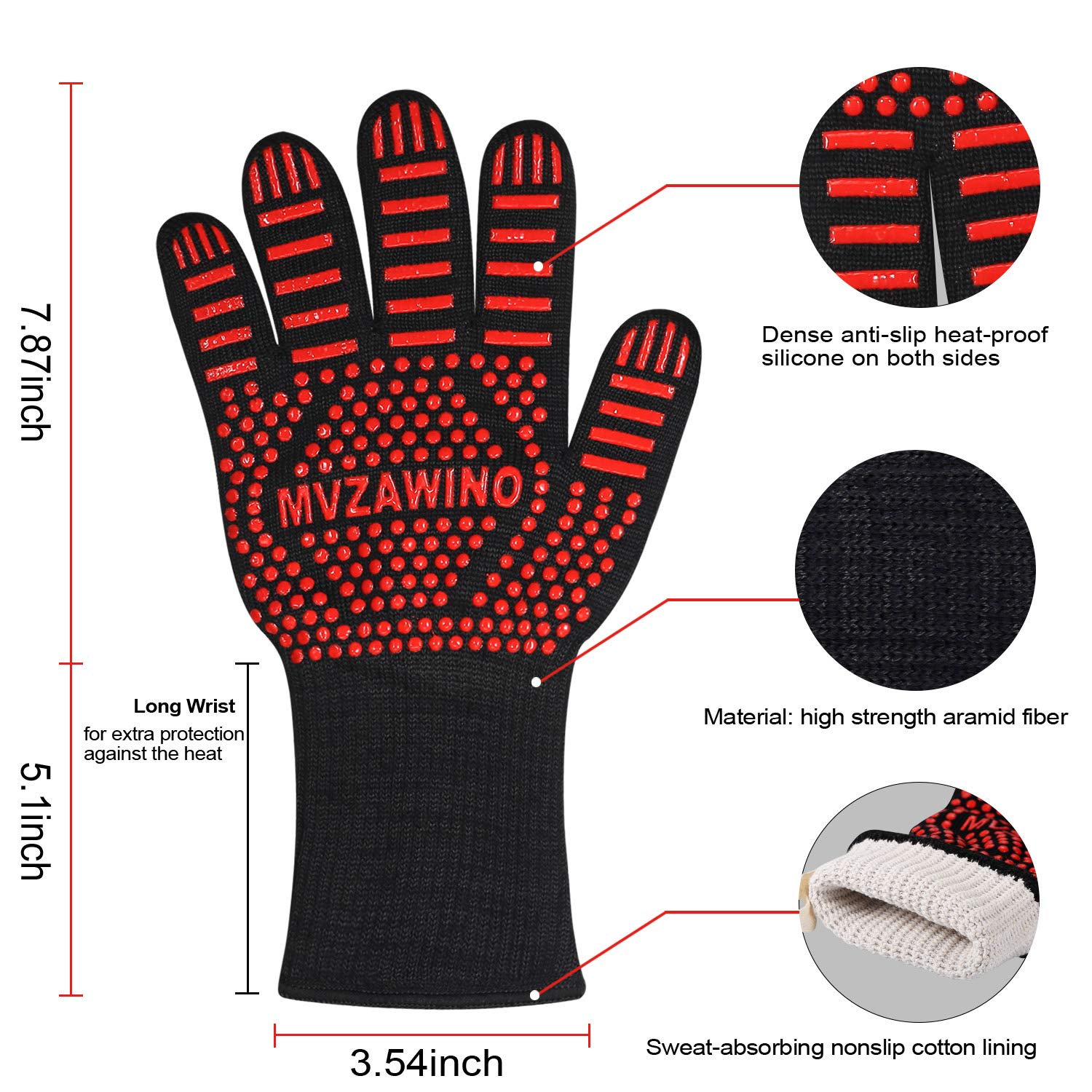 MVZAWINO BBQ gloves feature non-slip silicone for secure handling of hot pans.