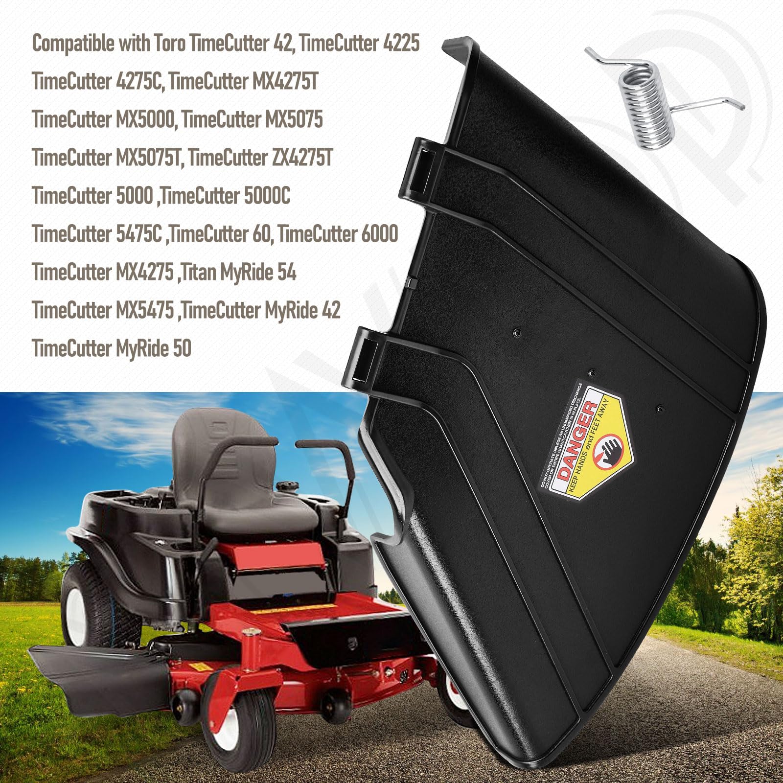 MWEDP 137-7046 deflector chute during mowing demonstrates effective debris redirection.
